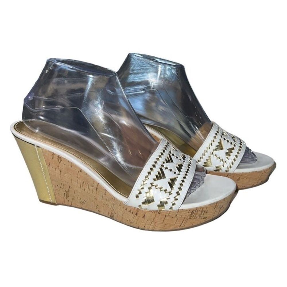 Marc Fisher White / Gold Metallic Woven Leather Cork Wedge Heels Sandals 9.5